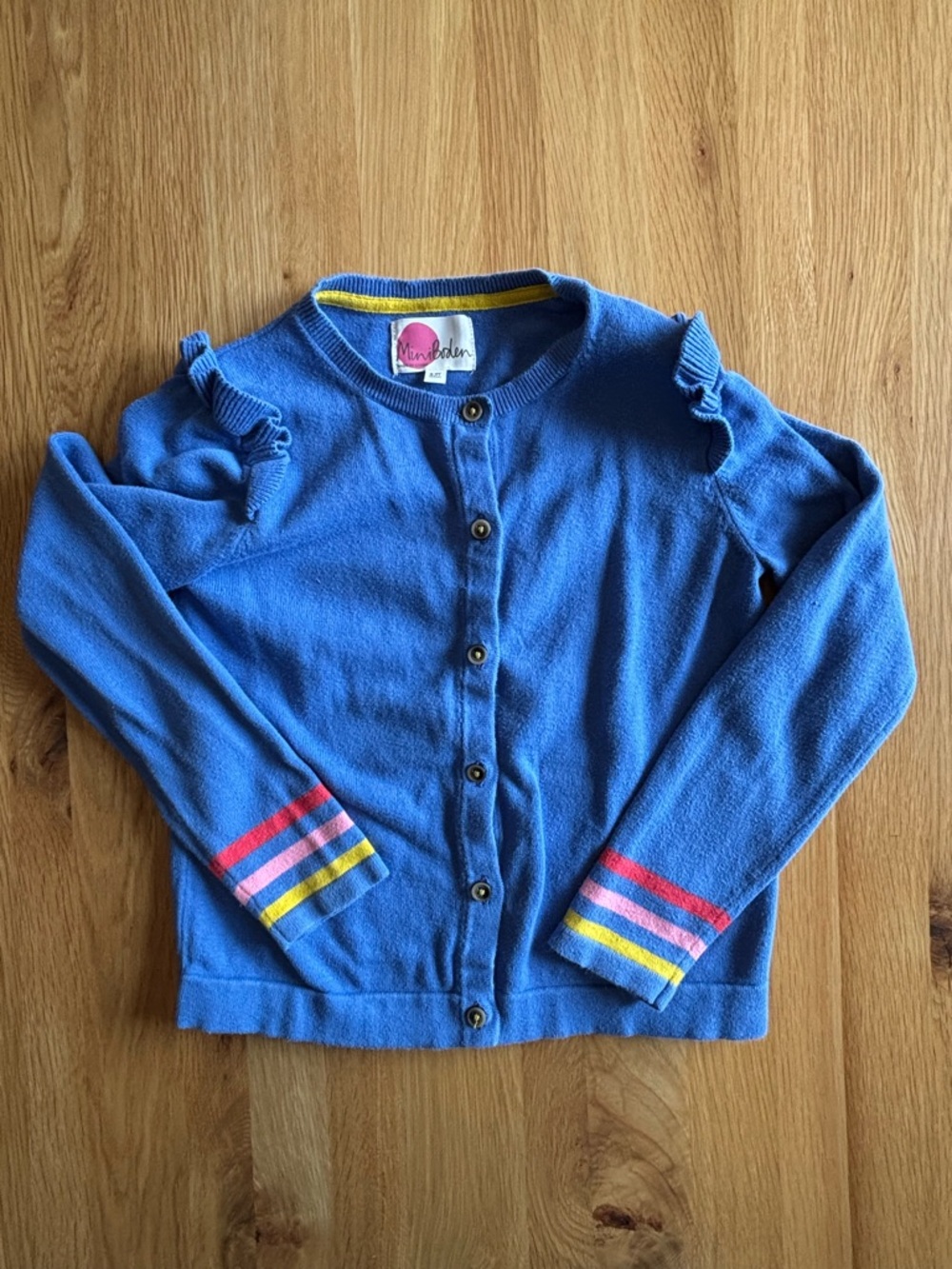 Mini Boden Blue Cardigan with Pink and Yellow Stripe Cuffs